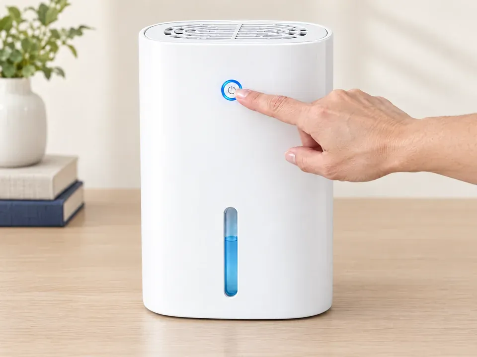 An adult presses the single power button on the front of Drydon